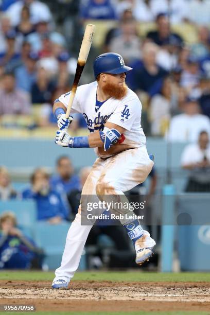 Justin Turner of the Los Angeles Dodgers bats during the game against the Chicago Cubs at Dodger Stadium on June 27, 2018 in Los Angeles, California....