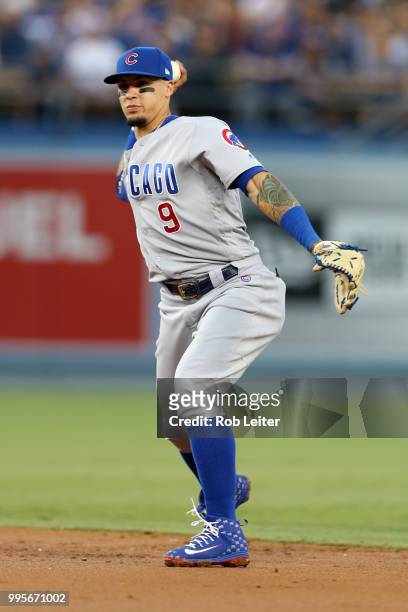 Javier Baez of the Chicago Cubs plays second base during the game against the Los Angeles Dodgers at Dodger Stadium on June 27, 2018 in Los Angeles,...