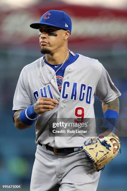 Javier Baez of the Chicago Cubs looks on during the game against the Los Angeles Dodgers at Dodger Stadium on June 27, 2018 in Los Angeles,...