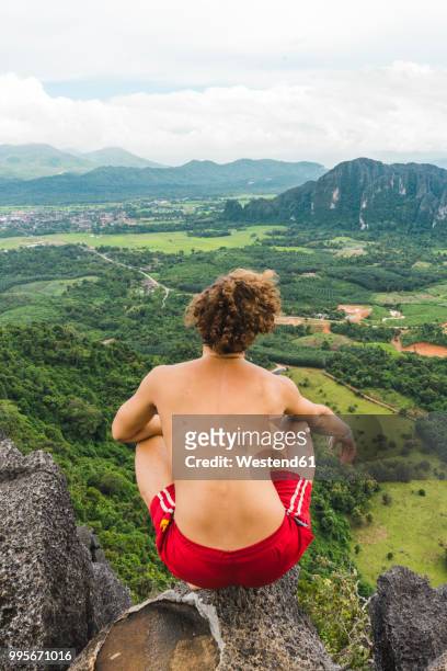 laos, vang vieng, young man on top of rocks overlooking landscape of rice fields - westend61 stockfoto's en -beelden