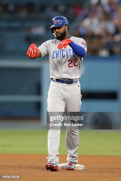 Jason Heyward of the Chicago Cubs celebrates during the game against the Los Angeles Dodgers at Dodger Stadium on June 27, 2018 in Los Angeles,...