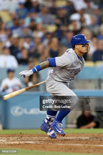 Javier Baez of the Chicago Cubs bats during the game against the Los Angeles Dodgers at Dodger Stadium on June 27, 2018 in Los Angeles, California....