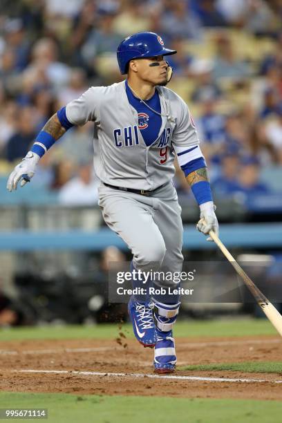 Javier Baez of the Chicago Cubs bats during the game against the Los Angeles Dodgers at Dodger Stadium on June 27, 2018 in Los Angeles, California....