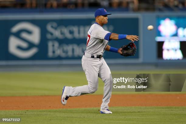 Addison Russell of the Chicago Cubs plays shortstop during the game against the Los Angeles Dodgers at Dodger Stadium on June 27, 2018 in Los...