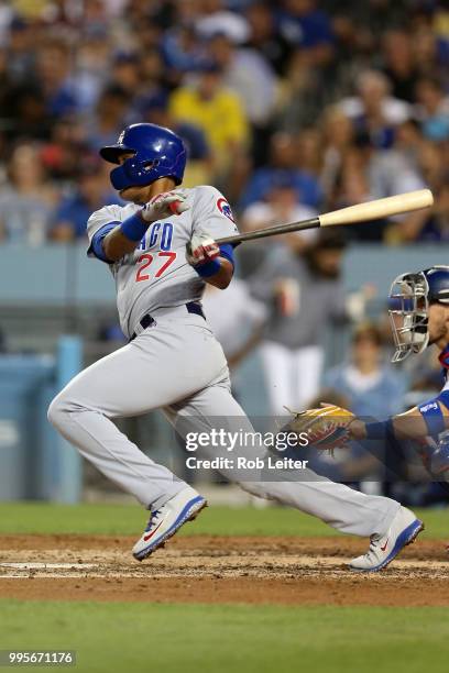 Addison Russell of the Chicago Cubs bats during the game against the Los Angeles Dodgers at Dodger Stadium on June 27, 2018 in Los Angeles,...