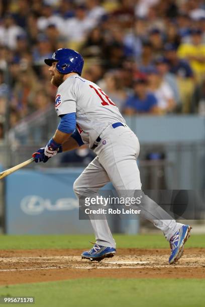 Ben Zobrist of the Chicago Cubs bats during the game against the Los Angeles Dodgers at Dodger Stadium on June 27, 2018 in Los Angeles, California....