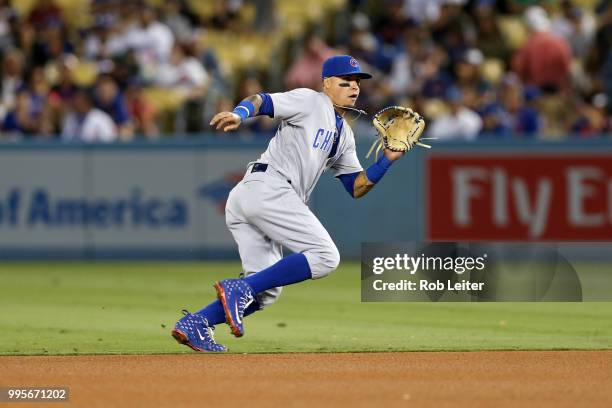 Javier Baez of the Chicago Cubs plays second base during the game against the Los Angeles Dodgers at Dodger Stadium on June 27, 2018 in Los Angeles,...