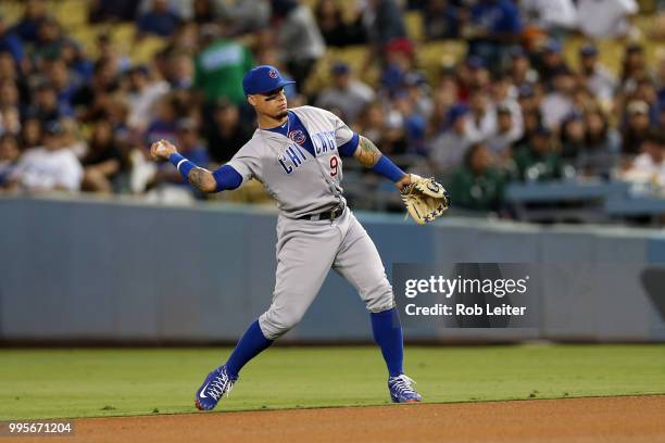 Javier Baez of the Chicago Cubs plays second base during the game against the Los Angeles Dodgers at Dodger Stadium on June 27, 2018 in Los Angeles,...