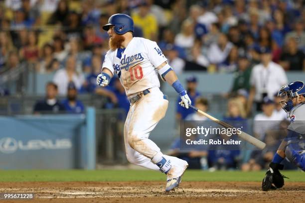 Justin Turner of the Los Angeles Dodgers bats during the game against the Chicago Cubs at Dodger Stadium on June 27, 2018 in Los Angeles, California....