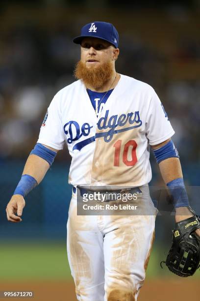 Justin Turner of the Los Angeles Dodgers looks on during the game against the Chicago Cubs at Dodger Stadium on June 27, 2018 in Los Angeles,...