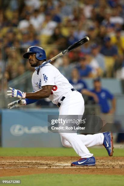 Yasiel Puig of the Los Angeles Dodgers bats during the game against the Chicago Cubs at Dodger Stadium on June 27, 2018 in Los Angeles, California....