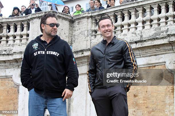 Russell Crowe and Kevin Durand perform unplugged in Piazza di Spagna on May 15, 2010 in Rome, Italy.