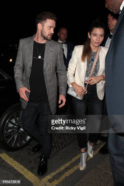 Justin Timberlake and Jessica Biel seen attending Drake's party at Annabel's on July 10, 2018 in London, England.