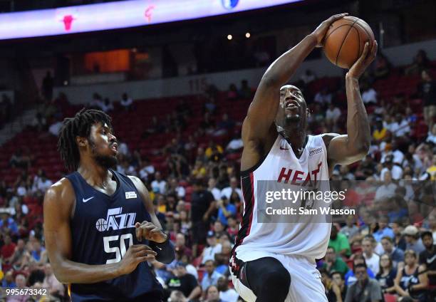 Bam Adebayo of the Miami Heat drives to the basket against Diamond Stone of the Utah Jazz during the 2018 NBA Summer League at the Thomas & Mack...