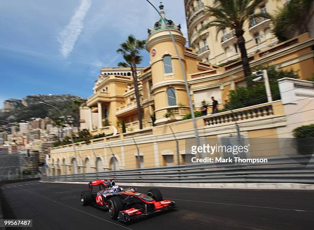 Jenson Button of Great Britain and McLaren Mercedes drives in the final practice session prior to qualifying for the Monaco Formula One Grand Prix at...