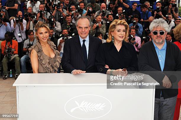 Elsa Patakay, Frederic Mitterand, Catherine Deneuve and Pedro Almodovar attend the "Homage To The Spanish Cinema" photocall at the Palais des...