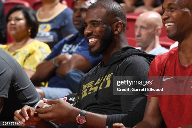 Chris Paul of the Houston Rockets enjoys a game between the the Sacramento Kings and the Memphis Grizzlies during the 2018 Las Vegas Summer League on...