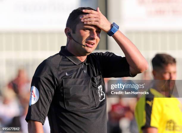 Referee Michael Oliver during a pre-season friendly game between Darlington FC and Sunderland AFC at Blackwell Meadows on July 10, 2018 in...