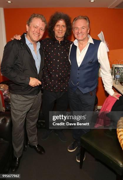 Jon Culshaw, Gilbert O'Sullivan and Bobby Davro attend the Gilbert O'Sullivan showcase performance at 100 Wardour St on July 10, 2018 in London,...