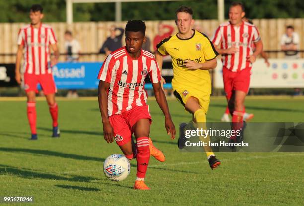 Bali Mumba of Sunderland during a pre-season friendly game between Darlington FC and Sunderland AFC at Blackwell Meadows on July 10, 2018 in...