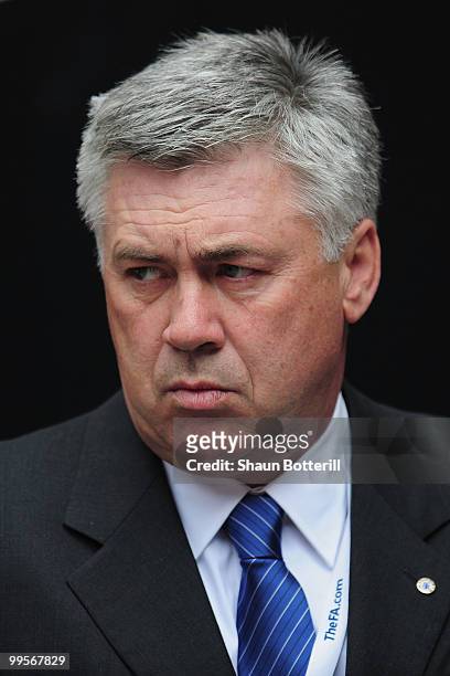 Chelsea Manager Carlo Ancelotti looks on prior to the FA Cup sponsored by E.ON Final match between Chelsea and Portsmouth at Wembley Stadium on May...