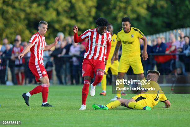 Josh Maja of Sunderland passes the ball during a pre-season friendly game between Darlington FC and Sunderland AFC at Blackwell Meadows on July 10,...