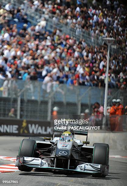Mercedes GP's German driver Nico Rosberg drives at the Monaco street circuit on May 15 during the qualifying session of the Monaco Formula One Grand...