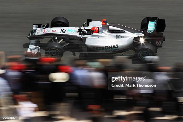 Michael Schumacher of Germany and Mercedes GP drives during qualifying for the Monaco Formula One Grand Prix at the Monte Carlo Circuit on May 15,...