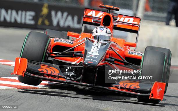 Virgin racing's German driver Timo Glock drives at the Monaco street circuit on May 15 during the qualifying session of the Monaco Formula One Grand...