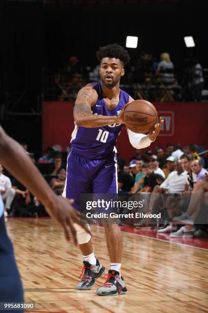 Frank Mason of the Sacramento Kings handles the ball against the Memphis Grizzlies during the 2018 Las Vegas Summer League on July 9, 2018 at the...