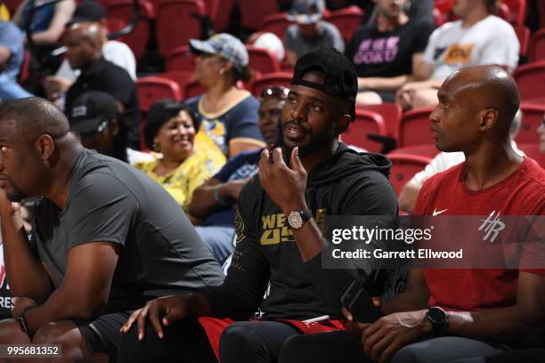 Chris Paul of the Houston Rockets enjoys a game between the the Sacramento Kings and the Memphis Grizzlies during the 2018 Las Vegas Summer League on...