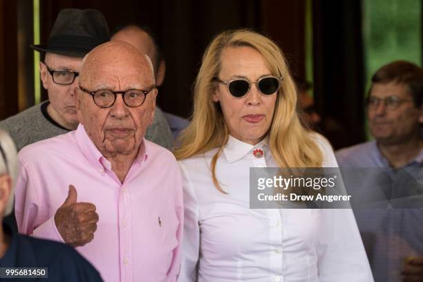 Rupert Murdoch, chairman of News Corp and co-chairman of 21st Century Fox, and Jerry Hall arrive at the Sun Valley Resort of the annual Allen &...