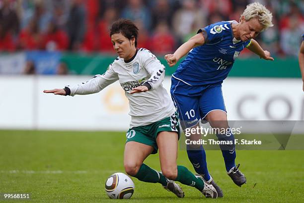 Linda Bresonik of Duisburg and Ivonne Hartmann of Jena fight for the ball during the DFB Women's Cup final match between FCR 2001 Duisburg and FF USV...