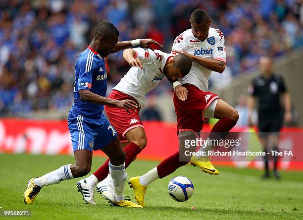 Salomon Kalou of Chelsea challenges Hayden Mullins and Kevin-Prince Boateng of Portsmouth during the FA Cup sponsored by E.ON Final match between...