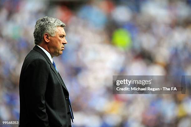 Carlo Ancelotti, manager of Chelsea, watches the action during the FA Cup sponsored by E.ON Final match between Chelsea and Portsmouth at Wembley...