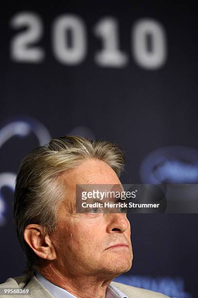 Actor Michael Douglas attends the 'Wall Street: Money Never Sleeps' press conference at the Palais des Festivals during the 63rd Annual Cannes Film...