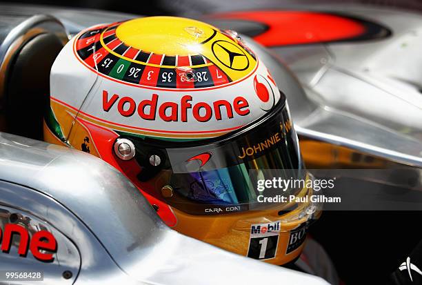 Lewis Hamilton of Great Britain and McLaren Mercedes prepares to drive during qualifying for the Monaco Formula One Grand Prix at the Monte Carlo...