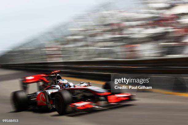 Jenson Button of Great Britain and McLaren Mercedes drives during qualifying for the Monaco Formula One Grand Prix at the Monte Carlo Circuit on May...