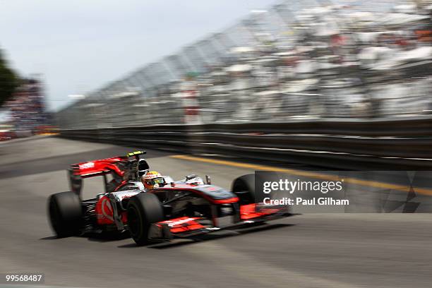 Lewis Hamilton of Great Britain and McLaren Mercedes drives during qualifying for the Monaco Formula One Grand Prix at the Monte Carlo Circuit on May...