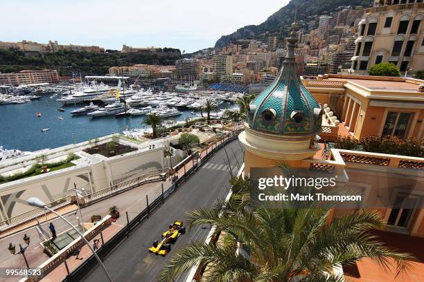 Robert Kubica of Poland and Renault drives during qualifying for the Monaco Formula One Grand Prix at the Monte Carlo Circuit on May 15, 2010 in...