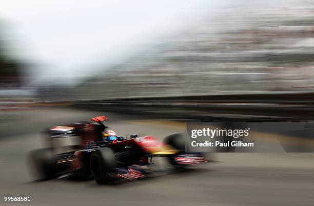 Sebastien Buemi of Switzerland and Scuderia Toro Rosso drives during qualifying for the Monaco Formula One Grand Prix at the Monte Carlo Circuit on...