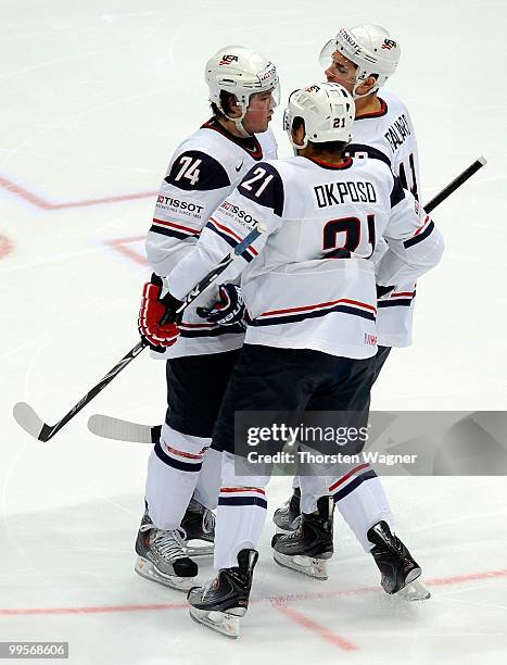 Oshie of United States celebrates after scoring the 1:0 during the IIHF World Championship final round match between USA and Kazakhstan at Lanxess...