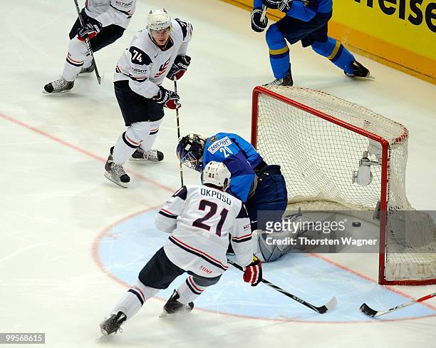 Oshie of United States is scoring the 1:0 during the IIHF World Championship final round match between USA and Kazakhstan at Lanxess Arena on May 15,...