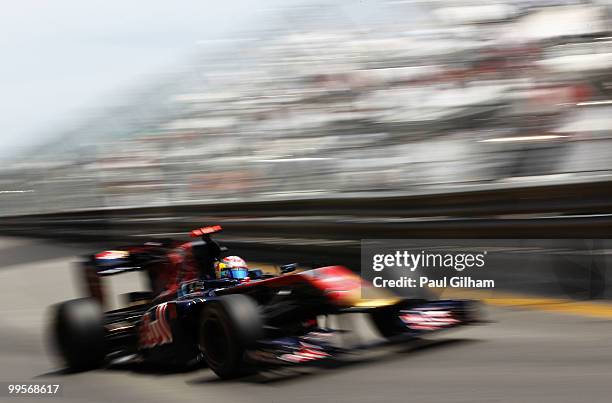 Sebastien Buemi of Switzerland and Scuderia Toro Rosso drives during qualifying for the Monaco Formula One Grand Prix at the Monte Carlo Circuit on...