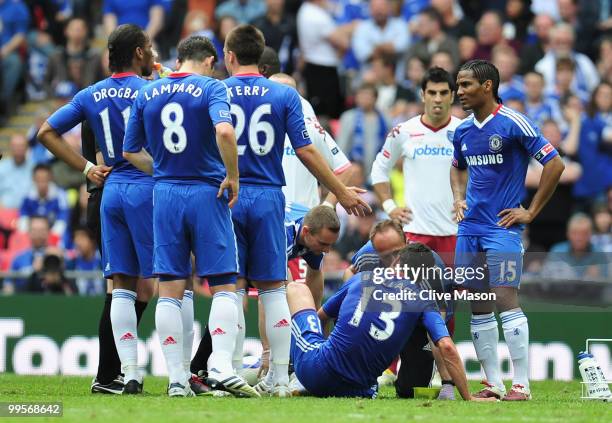 Michael Ballack of Chelsea lies injured during the FA Cup sponsored by E.ON Final match between Chelsea and Portsmouth at Wembley Stadium on May 15,...