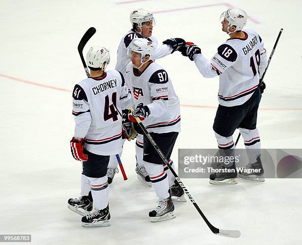 Oshie of United States celebrates after scoring the 1:0 during the IIHF World Championship final round match between USA and Kazakhstan at Lanxess...