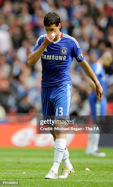 Michael Ballack of Chelsea leaves the field following his injury during the FA Cup sponsored by E.ON Final match between Chelsea and Portsmouth at...