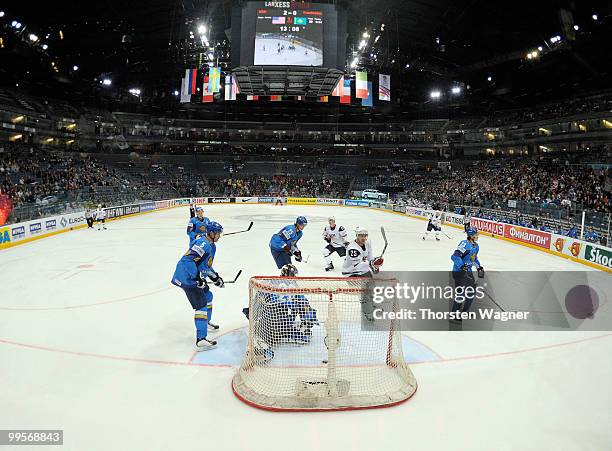 Team USA is scoring the 3rd goal during the IIHF World Championship final round match between USA and Kazakhstan at Lanxess Arena on May 15, 2010 in...