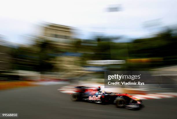 Sebastien Buemi of Switzerland and Scuderia Toro Rosso drives during qualifying for the Monaco Formula One Grand Prix at the Monte Carlo Circuit on...