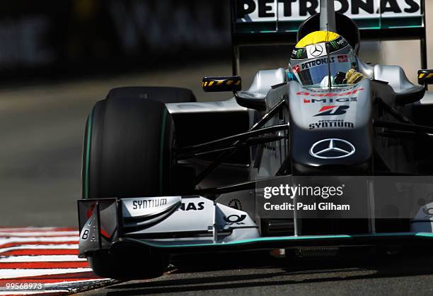 Nico Rosberg of Germany and Mercedes GP drives during qualifying for the Monaco Formula One Grand Prix at the Monte Carlo Circuit on May 15, 2010 in...